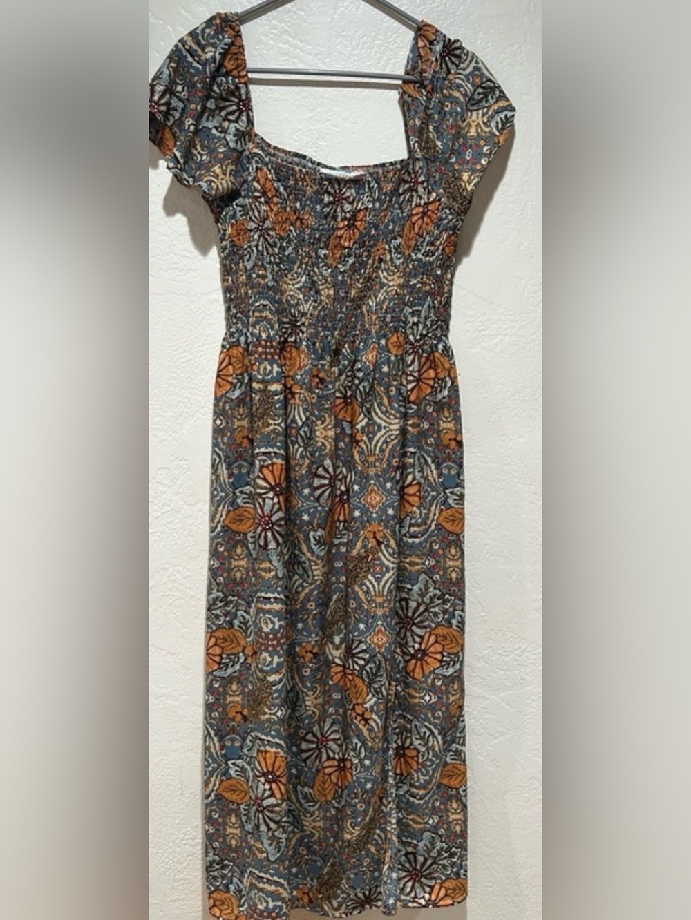 Floral Smocked Square-Neck Midi Dress - Blue & Orange